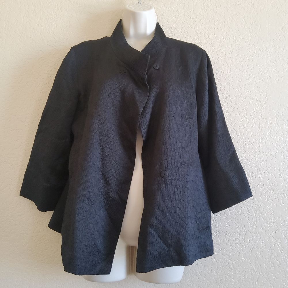 Eileen Fisher Silk Crinkled Textured Black Button Snap Long Sleeve Blazer Jacket